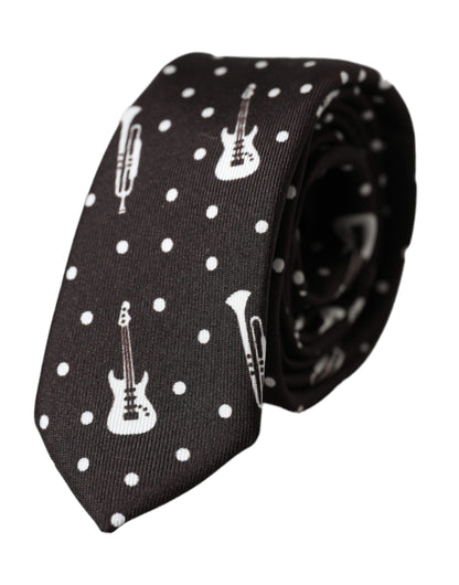 Black Guitar Print Silk Adjustable Tie