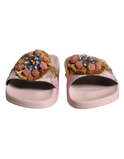 Pink Brocade Crystal Sandals Slides Beachwear Shoes