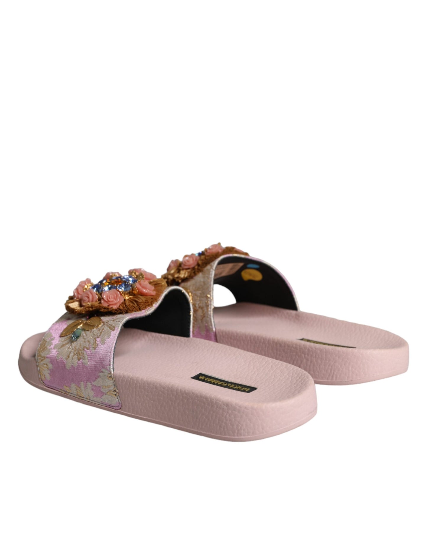 Pink Brocade Crystal Sandals Slides Beachwear Shoes