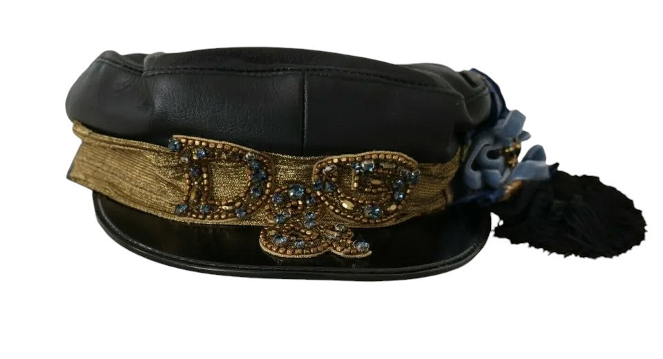 Black Leather Crystal Beads Gold Ribbon Fiddler Cap