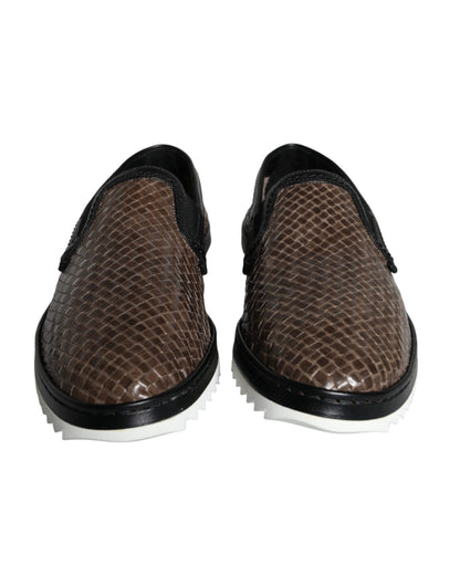 Brown Black Leather Weaved Men Loafers Shoes