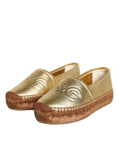 Gold Leather Loafers Flats Espadrille Shoes