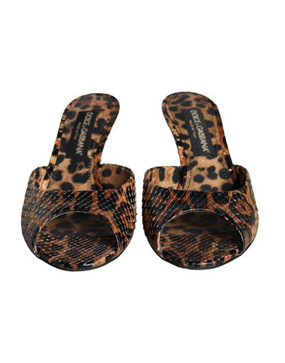 Brown Leopard Leather Slides Heels Sandals Shoes