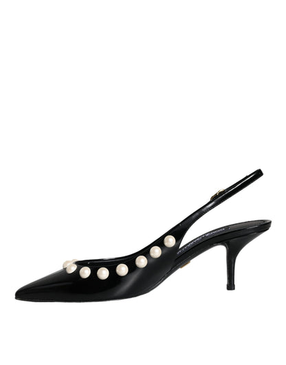 Black Leather Faux Pearl Heel Slingback Shoes