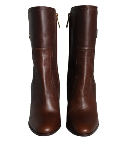 Brown Leather Heels Mid Calf Boots Shoes