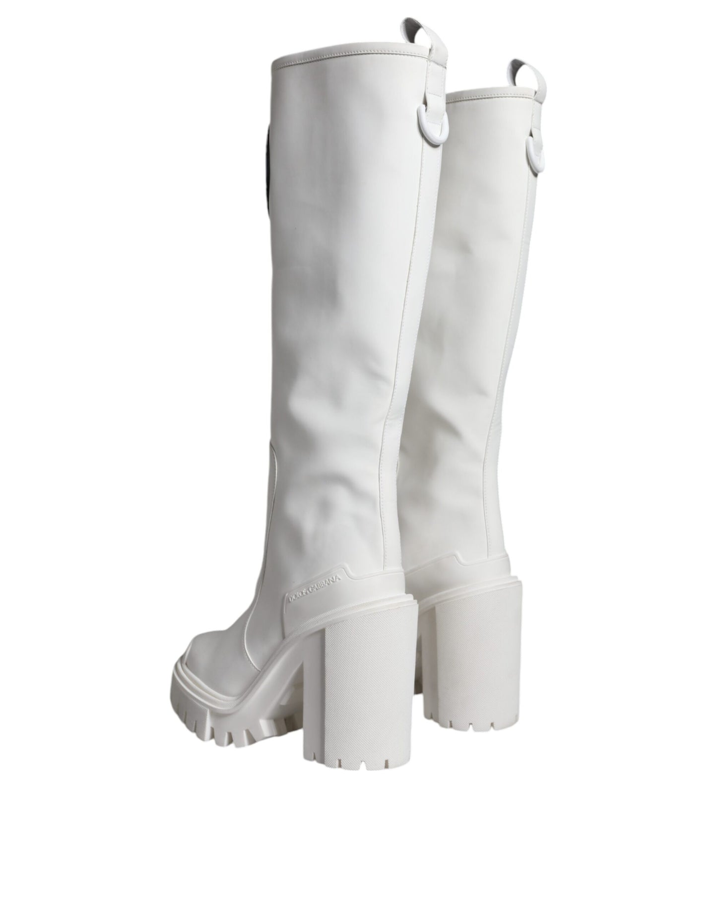 White Cotton Logo Heels Knee High Boots Shoes