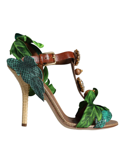 Emerald Embellished Leather Heels Sandals Shoes