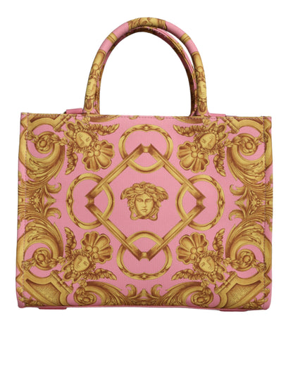 Pink Yellow Baroque Fabric Leather Shopping Tote Bag