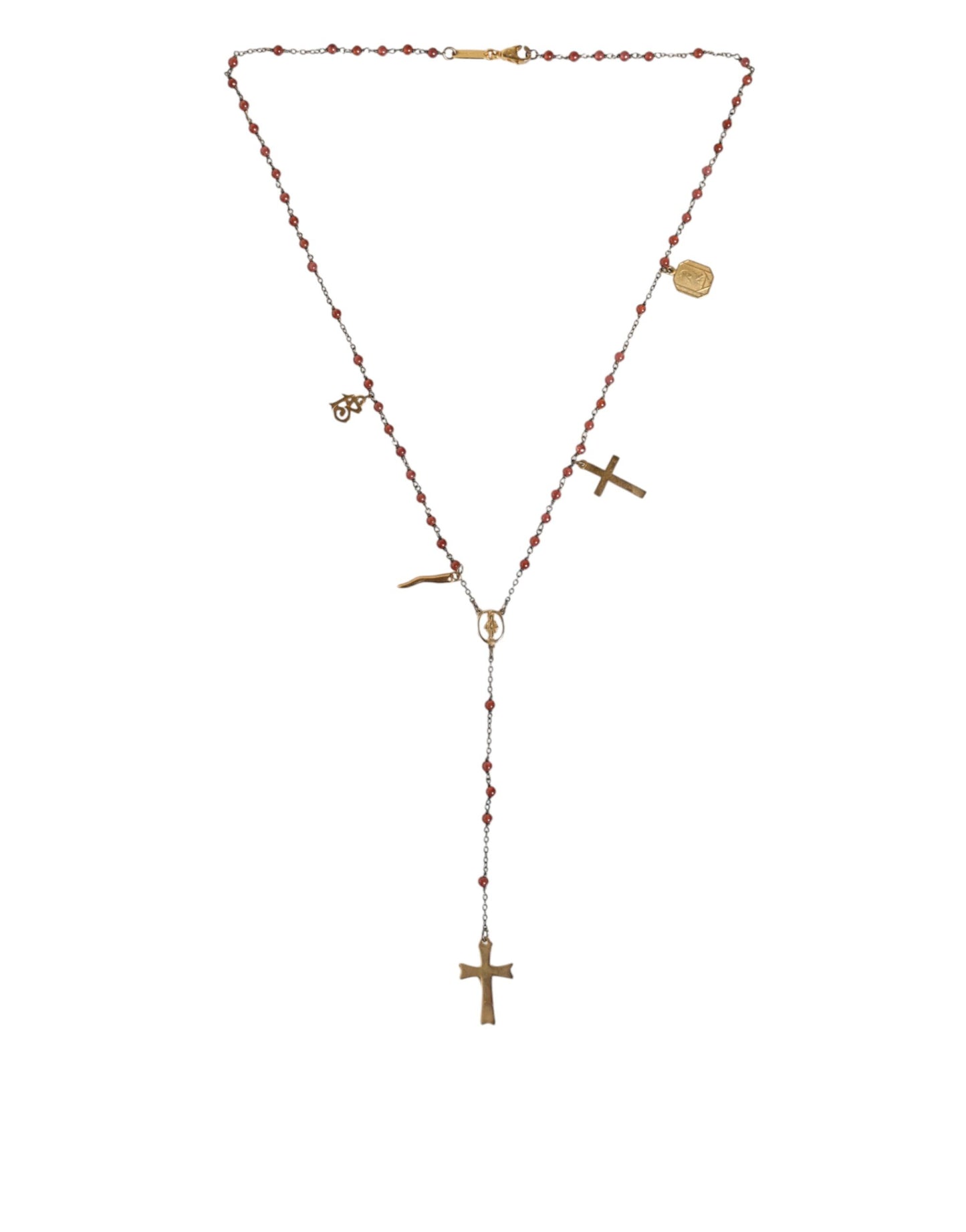 Gold Chain Brass Beaded Rosary Cross Pendant Necklace