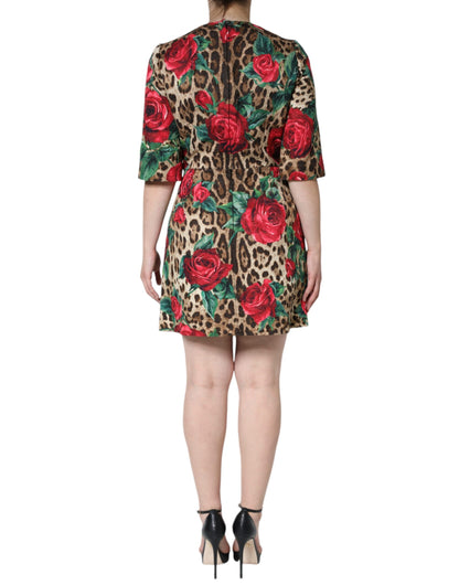 Brown Leopard Red Roses Cotton A-line Dress