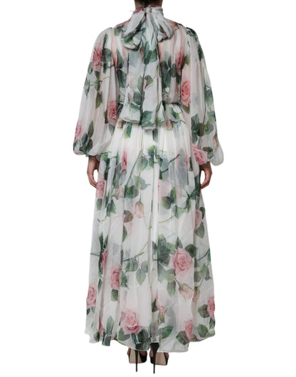 White Silk Floral Print Long Maxi Dress