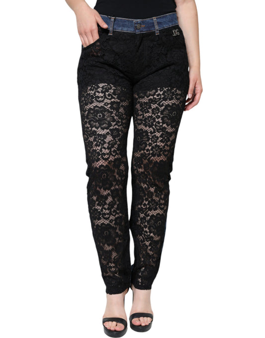 Black Floral Lace Front Skinny Denim Jeans