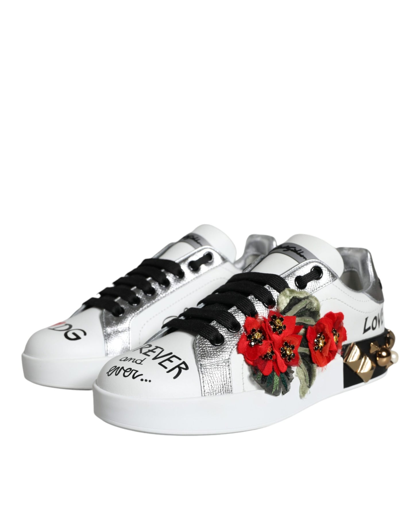 White Leather Floral Studded Sneakers Shoes