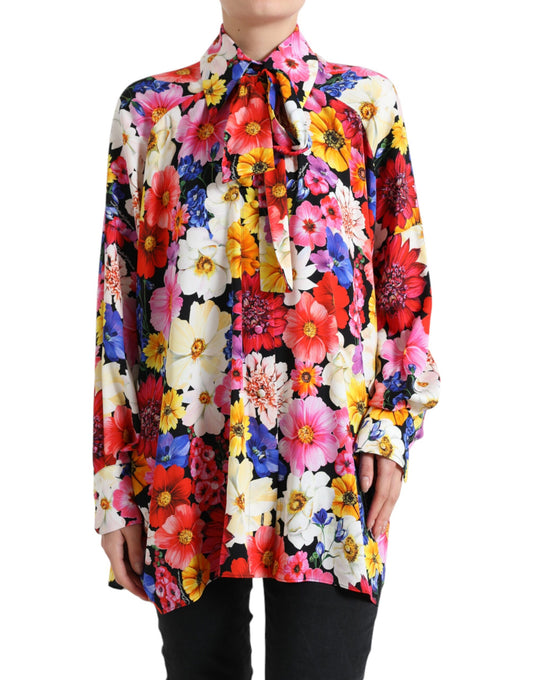Floral Silk Blouse with Front Tie Fastening