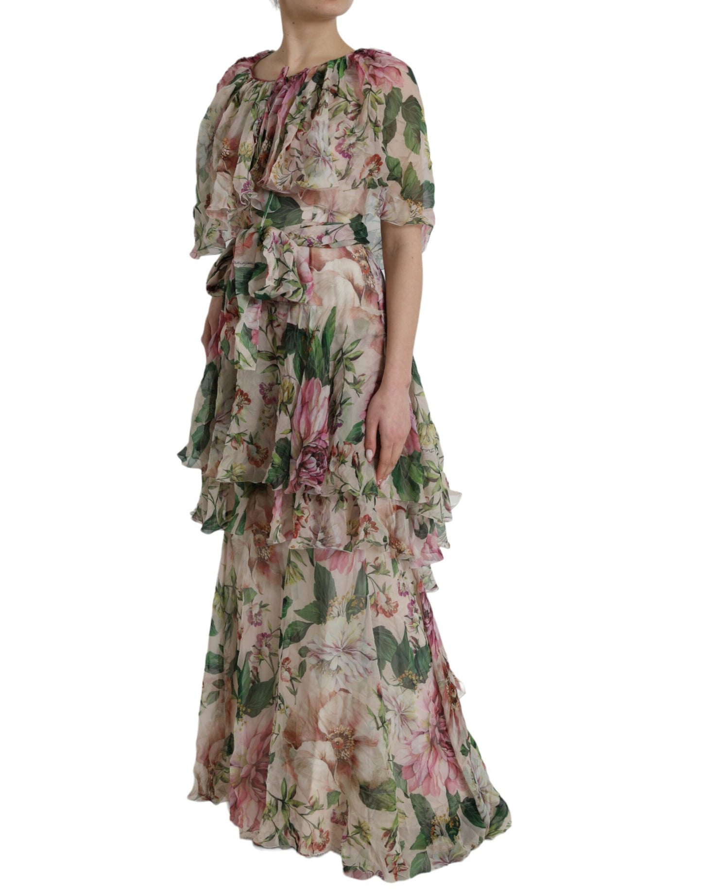 Multicolor Floral Silk Tiered Long Maxi Dress