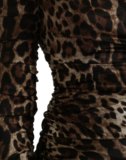 Brown Leopard Print Bodycon V-neck Midi Dress