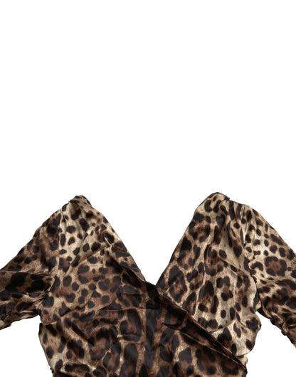 Brown Leopard Print Bodycon V-neck Midi Dress