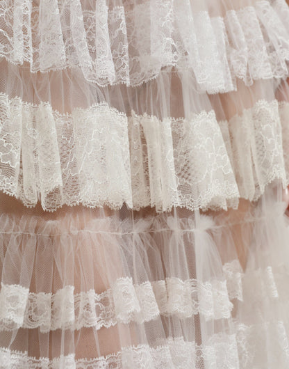 White Nylon Sheer Tiered Lace Maxi Dress