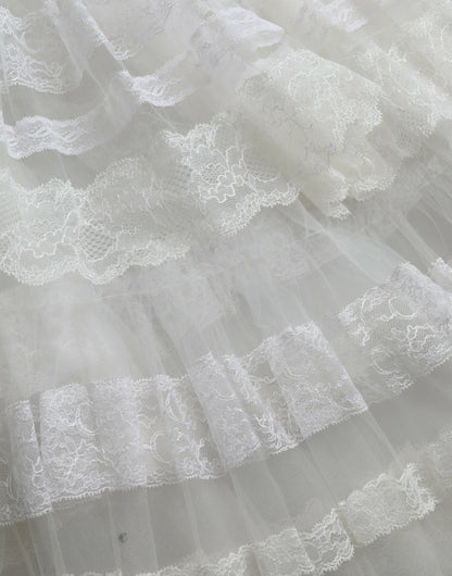 White Nylon Sheer Tiered Lace Maxi Dress