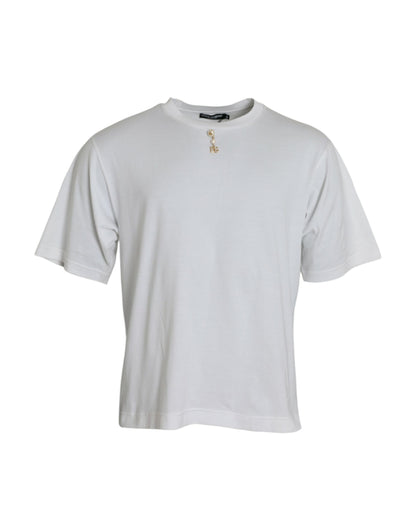 White Embellished Cotton Crew Neck T-shirt