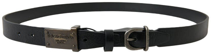 Elegant Black Leather Belt - Metal Buckle Closure