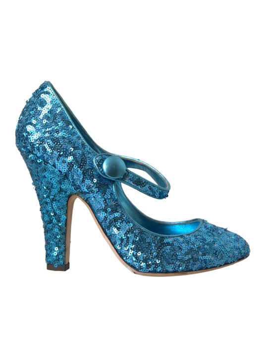 Blue Sequin Mary Jane Pumps High Heels Shoes