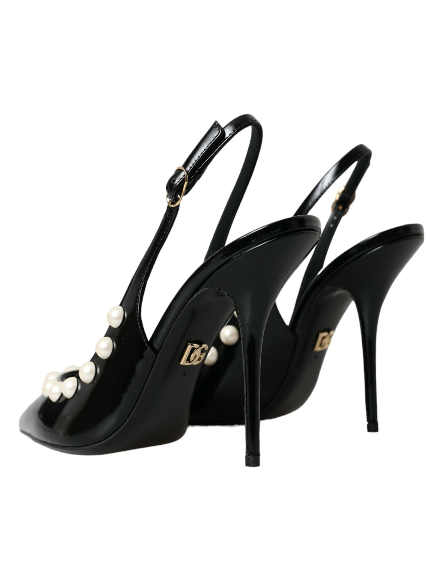 Black Leather Faux Pearl Heel Slingback Shoes