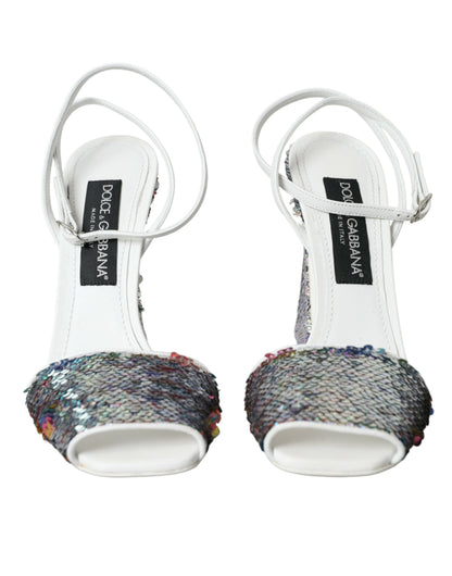 White Silver Sequin Ankle Strap Sandals Shoes