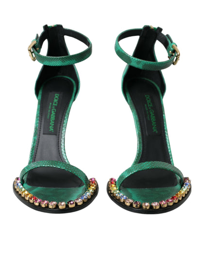 Green Exotic Leather Crystal Sandals Shoes