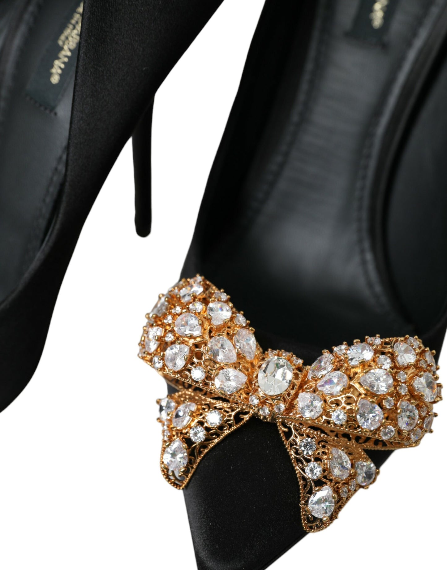 Black Satin Bow Embellished Heels Pumps Shoes