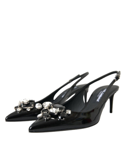 Black Patent Leather Crystal Slingback Shoes