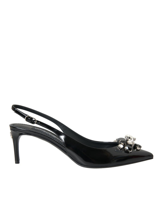 Black Patent Leather Crystal Slingback Shoes