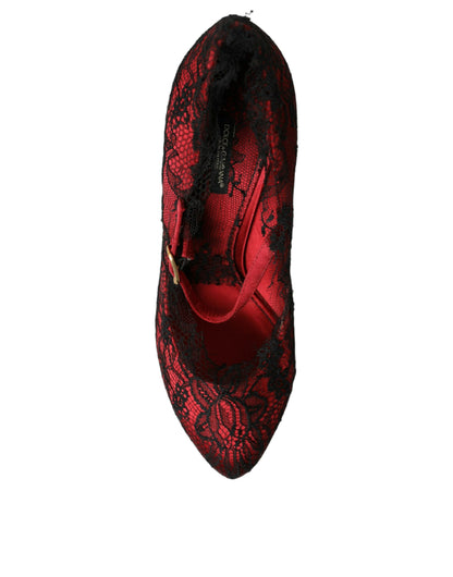 Red Black Floral Lace Mary Jane Pumps Shoes