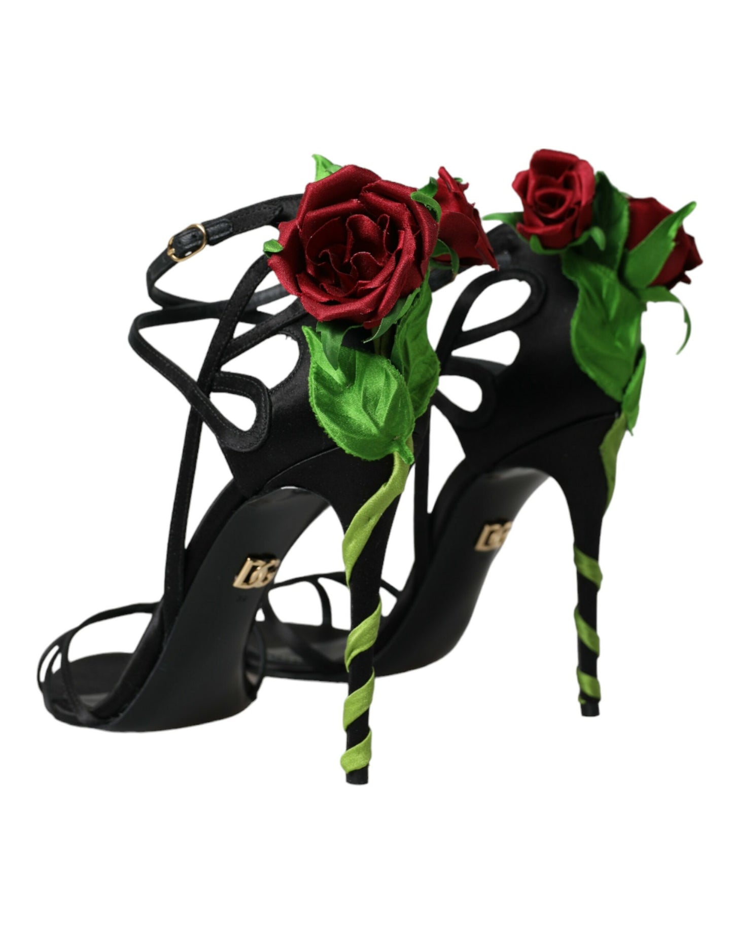 Black Flower Satin Heels Sandals Shoes