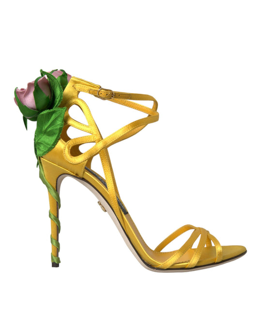 Yellow Flower Satin Heels Sandals Shoes