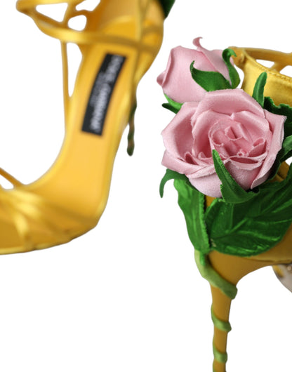 Yellow Flower Satin Heels Sandals Shoes