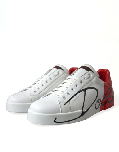 Elegant White and Red Calfskin Sneakers