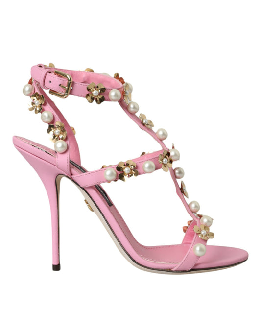 Pink Leather Embellished Heels Sandals Shoes
