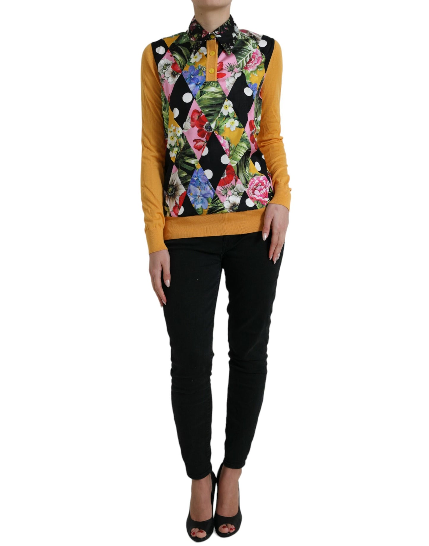Elegant Patchwork Henley Silk Blend Sweater
