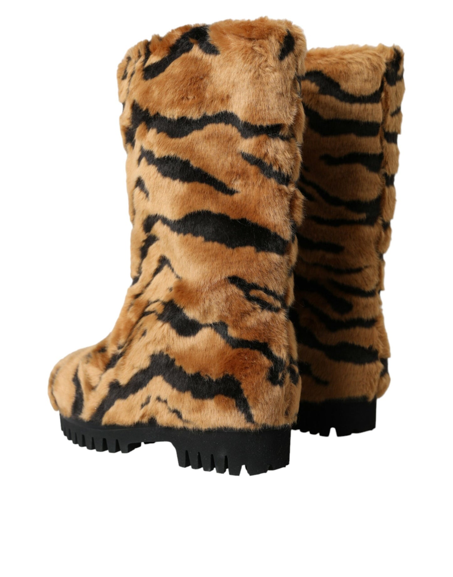 Brown Tiger Fur Leather Mid Calf Boots Shoes
