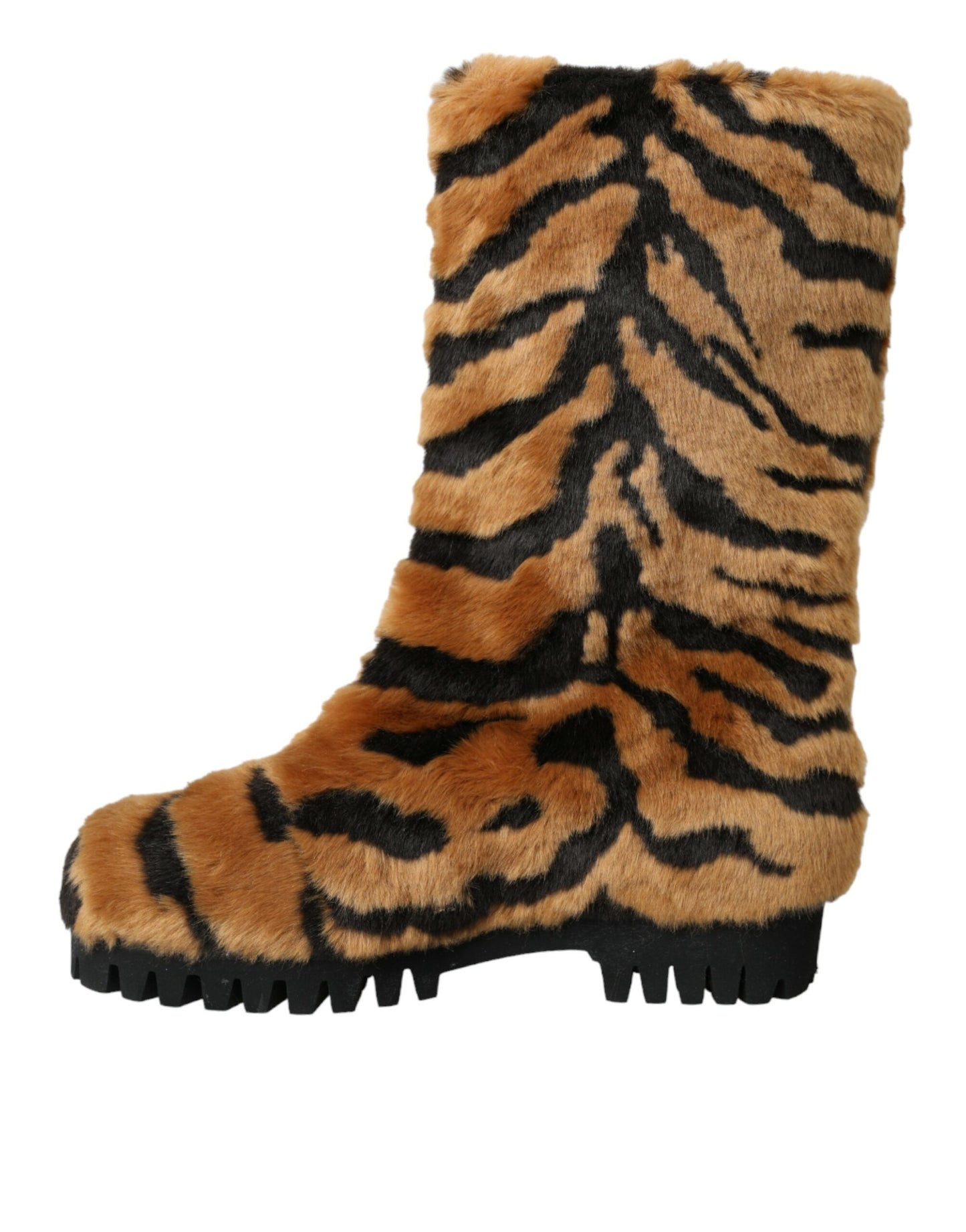 Brown Tiger Fur Leather Mid Calf Boots Shoes