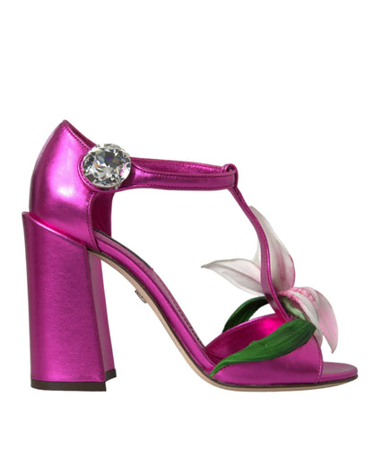 Pink Leather Crystals Floral Sandals Shoes
