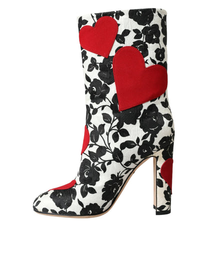 White Floral Hearts Leather High Boots Shoes