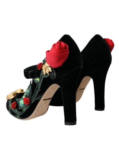 Black Roses Crystal Brooch Mary Jane Shoes