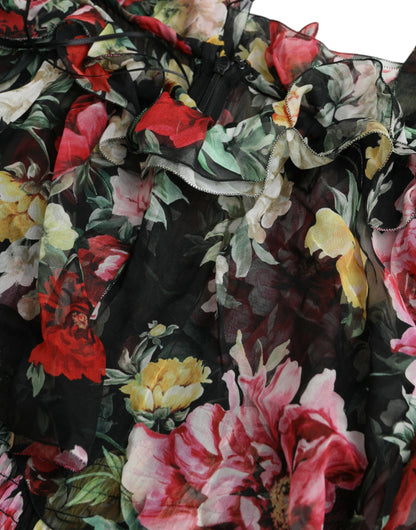 Black Floral Silk A-line Sleeveless Dress