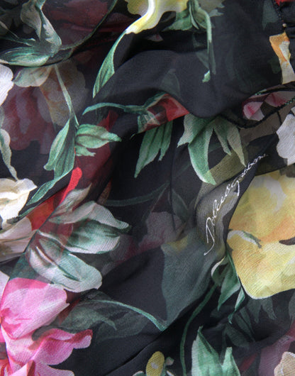 Black Floral Silk A-line Sleeveless Dress