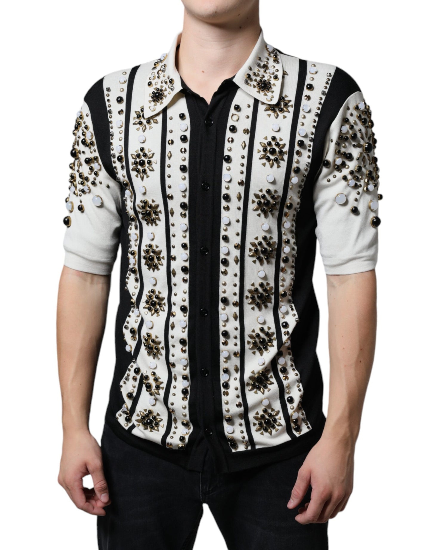 White Black Silk Studded Stone Crystal Shirt