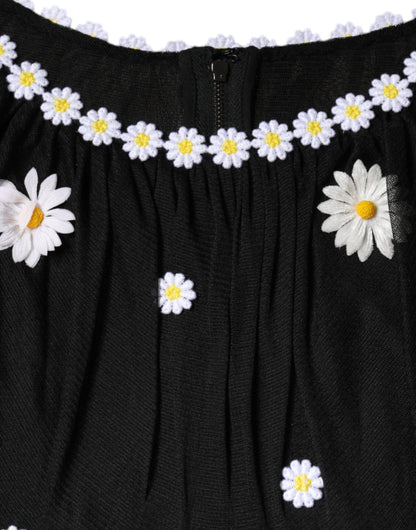 Black Silk Daisy A-line Long Maxi Dress