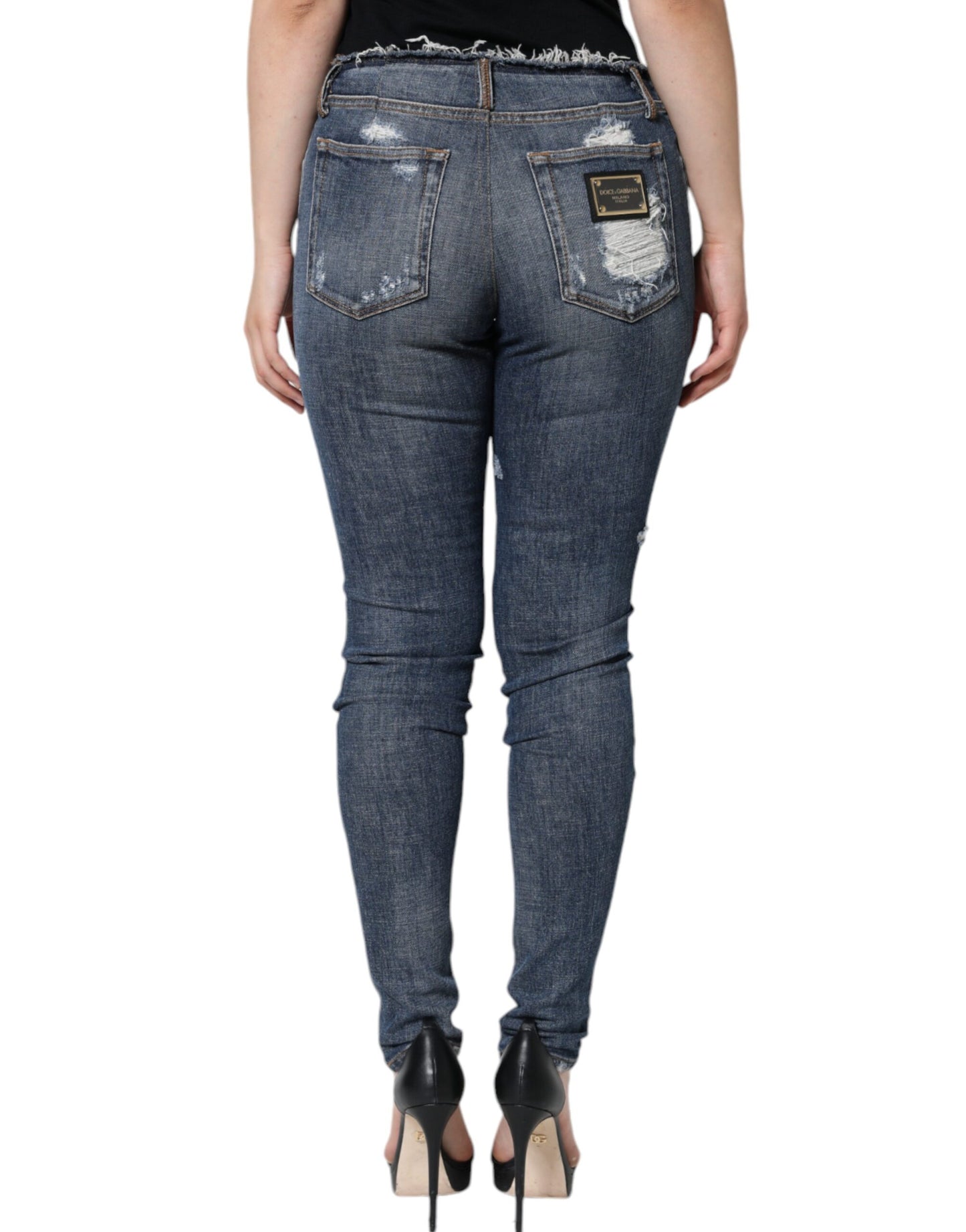 Blue Cotton Stretch Tattered Skinny Jeans