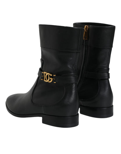 Black Leather Logo Mid Calf Boots Shoes